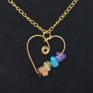 Rainbow gold wire wrapped heart necklace with crystal chip beads